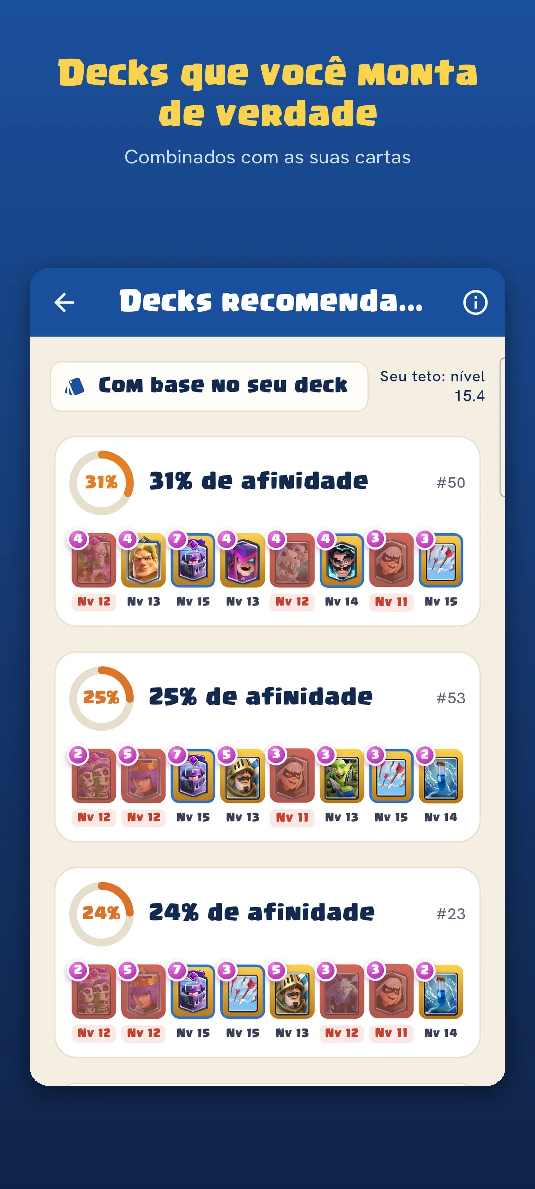 Decks recomendados no Deckmatch Royal ordenados por afinidade com a coleção